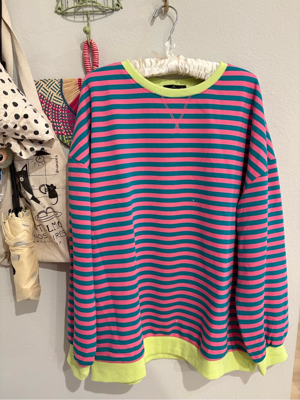 Pink and Teal Striped Crewneck with Neon Lime Trim